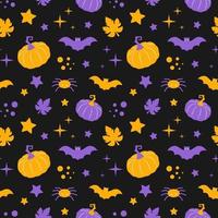 Halloween nahtlos Muster. Vektor Illustration von Urlaub Ornament mit Kürbisse, Schläger, Spinnen auf dunkel Hintergrund.