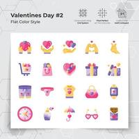 hjärtans dag ikon uppsättning i platt Färg stil med gåvor och falla i kärlek tema. en samling av kärlek och roman vektor symboler för hjärtans dag firande.