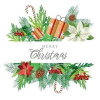 Weihnachten Karte mit Urlaub wünscht sich. Komposition von festlich Elemente eine solche wie Süßigkeiten, Beeren, Geschenke, Kiefer Geäst. vektor