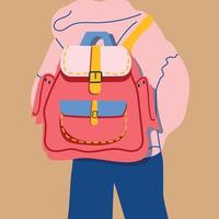 ein Mann im übergroß Kleider steht mit ein rot Rucksack. zurück Sicht. zurück zu Schule, Hochschule, Ausbildung, Lernen Konzept. Hand gezeichnet Vektor Illustration