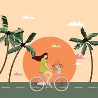 ein jung Frau Fahrten ein Fahrrad gegen das Hintergrund von ein Sonnenuntergang Stadtbild mit Palme Bäume im das Meer Bucht. Mädchen draußen, Cardio Übungen, gesund Lebensstil vektor