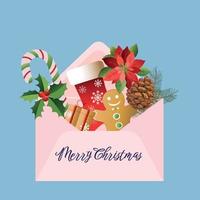 ett öppen kuvert för Grattis på de ny år och jul med en gåva, en pepparkaka man, en kon, en godis, blommor. ny år attribut. platt vektor illustration.