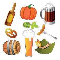 Oktoberfest Bier Festival Symbole Satz. Kürbis, Bier, gegrillt Würstchen auf Gabel, hüpfen, Hut, Fass, Becher, Glas mit Bier. Vektor Illustration.