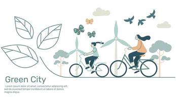 Frau mit Kind Reiten Fahrräder mit Ökologie und Umfeld, Nachhaltigkeit, Erde Natur Erhaltung vektor