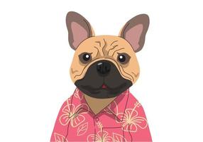 hund porträtt tecknad serie hand ritade, franska bulldogg bär en hawaiian shirts vektor