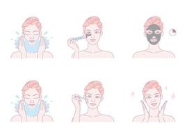 schön jung Frau nehmen Haut Pflege Über ihr Gesicht Verfahren beim heim, linear Logo minimalistisch Stil vektor
