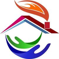 Vektor Illustration von ein Haus Dach Logo mit ein Feuer Grube und zwei Hände unter es