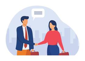 man och kvinna skakning hand. företag partners ordspråk Hej eller stängning handla. anställa och samarbete begrepp. vektor illustration. grundläggande rgb