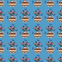 Vektor nahtlos Muster, Textur mit Vasen mit ein Strauß von Blumen und Bienen auf ein Blau Hintergrund