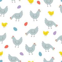 sömlös mönster med höns, kycklingar och ägg. bakgrund för påsk, dekor, inbjudan, kort. vektor