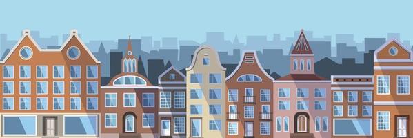 europäisch Stadt - - farbig alt Häuser, Geschäfte und Fabriken im das traditionell Niederländisch Stadt, Dorf Stil. Vektor Illustration im ein eben Stil ist geeignet wie ein Banner, Postkarte oder Vorlage.