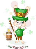 Lycklig st. Patricks dag vykort. söt kanin med sockerrör, öl råna och tunna vektor