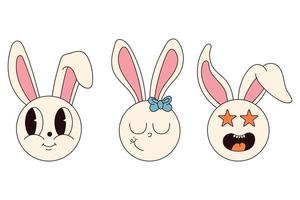 häftig hippie Lycklig påsk tecken. uppsättning av påsk kaniner i trendig retro 60s 70s tecknad serie stil. vektor