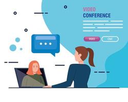 unga kvinnor i en videokonferens via bärbar dator vektor