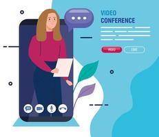 ung kvinna i en videokonferens via smartphone vektor