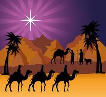 god jul och julkrubba med de tre magierna på kameler vektor