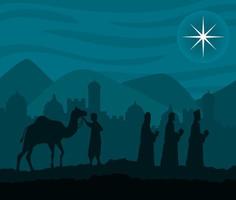 god jul och julkrubba med de tre magierna och kamelerna vektor
