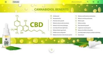 cannabidiol fördelar, grön och vit affisch för webbplats med cannabidiol fördelar med ikoner, cbd oljeflaska med marijuana blad och cannabidiol kemisk formel vektor