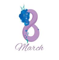 kvinnor dag. 8 Mars kort. vektor stock illustration. lila färger, blå knoppar. flygplan. isolerat på en vit bakgrund.