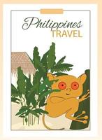 Philippinen. Flyer Design Palme Bäume und ein süß langschwänzig Tier. reisen, Tourismus, Abenteuer, Reise Konzept. Vektor Illustration. Banner, Abdeckung, Flyer Vorlage.