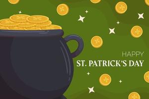 St Patrick's Tag Urlaub Hintergrund Design mit Kobold Kessel und golden Münzen mit Kleeblatt. Konzept mit Gold auf das zurück. vektor