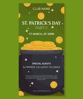 St Patrick's dag Semester vertikal fest baner mall design. pyssling kittel och gyllene mynt med vitklöver. händelse inbjudan för klubb och pub vektor