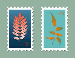 Satz von zwei Briefmarkenillustrationen. Vielzahl moderner vektorisolierter Briefmarken. Herbst-Vintage-Konzept Post-Thema. Herbstlaubzeichnungen für Post- und Postdesign. vektor