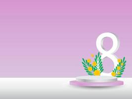Damen Tag Poster zum Produkt Demonstration. Weiß lila Laufsteg mit Mimose und Zahl acht im das Hintergrund. Vektor Illustration.