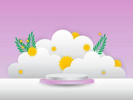 Weiß lila Podium mit Mimose und Wolken im das Hintergrund. Produkt Anzeige Poster zum Mutter Tag oder Damen Tag. Frühling Szene mit Blumen. Vektor Illustration