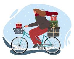 jul och Lycklig ny år vinter- högtider begrepp. de flicka rider cykel med gåvor. vektor illustration