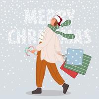 glückliche Frau mit Weihnachtsgeschenken. Weibchen mit Weihnachtsmütze auf Schnee Hintergrund Konzept der frohen Weihnachten. Vektor-Illustration vektor