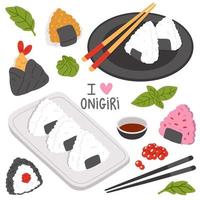 uppsättning av klotter asiatisk mat onigiri vektor