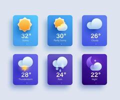 Webseite oder Handy, Mobiltelefon App ui Symbol einstellen zum Wetter Vorhersage. 3d modern Glas Morphismus Design. vektor