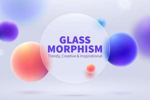 3d kreativ Glasmorphismus Hintergrund Design. transparent runden Glas Platte mit bunt geometrisch Kugeln. geeignet zum Geschäft Präsentation. vektor