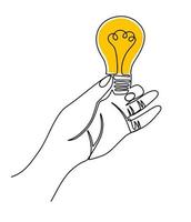 Hand halten ein Licht Birne Linie Kunst. leuchtenden Lampe mit editierbar Schlaganfall. Birne Logo, speichern Energie Logo, Gliederung skizzieren Zeichnung von Hand halten cfl und normal Birne. Vektor Illustration