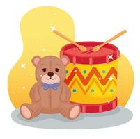 Kinderspielzeug, Trommel mit Teddybär vektor