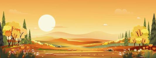 Fantasy-Panoramalandschaften der Landschaft im Herbst, Panorama des mittleren Herbstes mit Bauernfeld, Bergen, wildem Gras und Blättern, die von Bäumen in gelbem Laub fallen. Wunderlandlandschaft in der Herbstsaison vektor