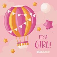 bebis dusch inbjudan med varm luft ballong, stjärnor, helium ballonger, stjärnor, och moln på rosa. text dess en flicka. Hej bebis firande, Semester, händelse. baner, flygblad. tecknad serie vektor