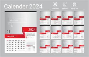 Kalender 2024, einstellen Schreibtisch Kalender Vorlage Design mit Platz zum Foto und Unternehmen Logo. das Woche beginnt auf Sonntag. einstellen von 12 Monate vektor