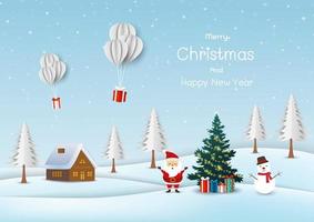 god jul och gott nytt år gratulationskort med söt santa och snögubbe i vinterbyen vektor