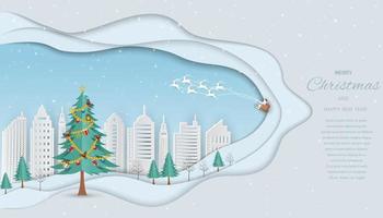 Frohe Weihnachten und frohe Neujahrsgrußkarte, Weihnachtsmann, der zur weißen Stadt mit Geschenkboxen auf Winterhintergrund kommt vektor