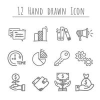 Geschäftssymbole gesetzt, handgezeichneter Vektor 12 Ikonen. enthält Symbole wie Fertigung, Ingenieur, Produktion, Einstellungen und mehr