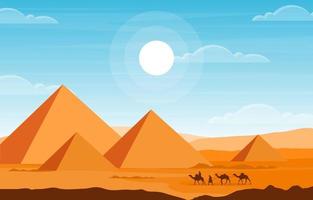 Kamelkarawane, die ägyptische Pyramidenwüste arabische Landschaftsillustration kreuzt vektor