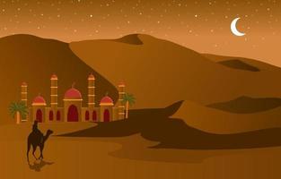 öken natt scen med moské och palmer illustration vektor