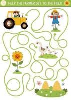 bruka labyrint för barn med söt traktor, fågelskrämma, solros, hö staplar. Land sida förskola tryckbar aktivitet. vår eller sommar labyrint spel, pussel. hjälp de jordbrukare skaffa sig till de fält vektor