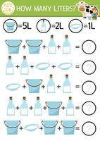 bruka på vilket sätt många liter spel med rolig ko, mjölk mejeri. på de bruka matematik tillägg aktivitet för förskola barn. tryckbar enkel Land räkning kalkylblad för barn vektor