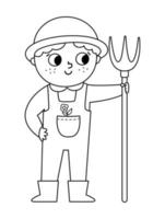 Vektor schwarz und Weiß Farmer mit Heugabel Symbol. süß Kind tun landwirtschaftlich arbeiten. ländlich Gliederung Land Charakter. Kind Versammlung Heu. komisch Bauernhof Illustration oder Färbung Seite