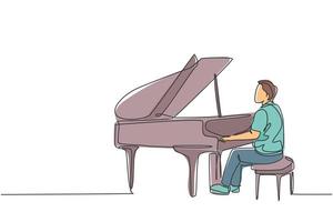 enda kontinuerlig linjeteckning av ung glad manlig pianist som spelar klassiskt flygel på musikkonsertorkester. musiker konstnär prestanda koncept en rad rita design grafisk vektor illustration