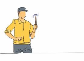 Single One-Line-Zeichnung eines jungen Handwerkers, der den Hammer einsatzbereit hält. Professioneller Job Beruf und Beruf minimales Konzept. durchgehende Linie zeichnen Design-Grafik-Vektor-Illustration vektor