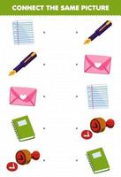 Bildung Spiel zum Kinder verbinden das gleich Bild von Karikatur Papier Stift Briefumschlag Buch Briefmarke Bild druckbar Werkzeug Arbeitsblatt vektor